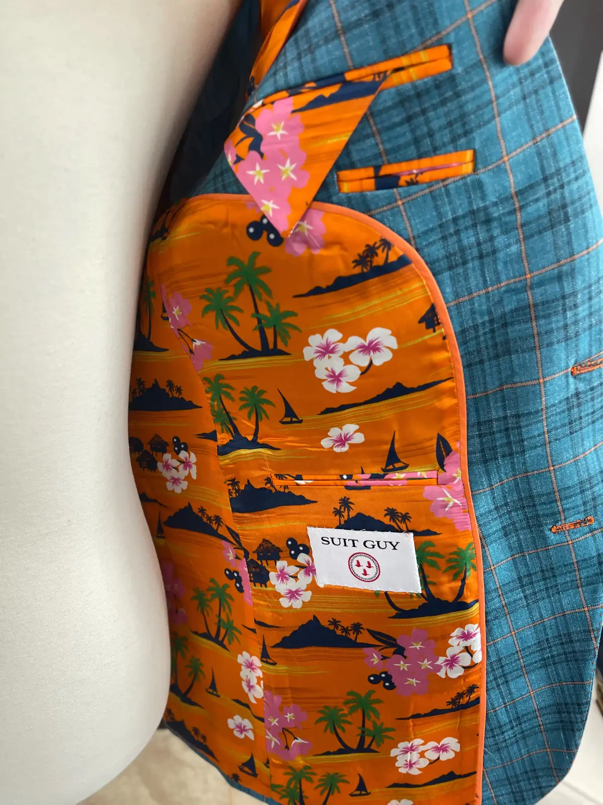 Custom sport coat open to reveal custom tropical print lining, Florida Suit Guy
