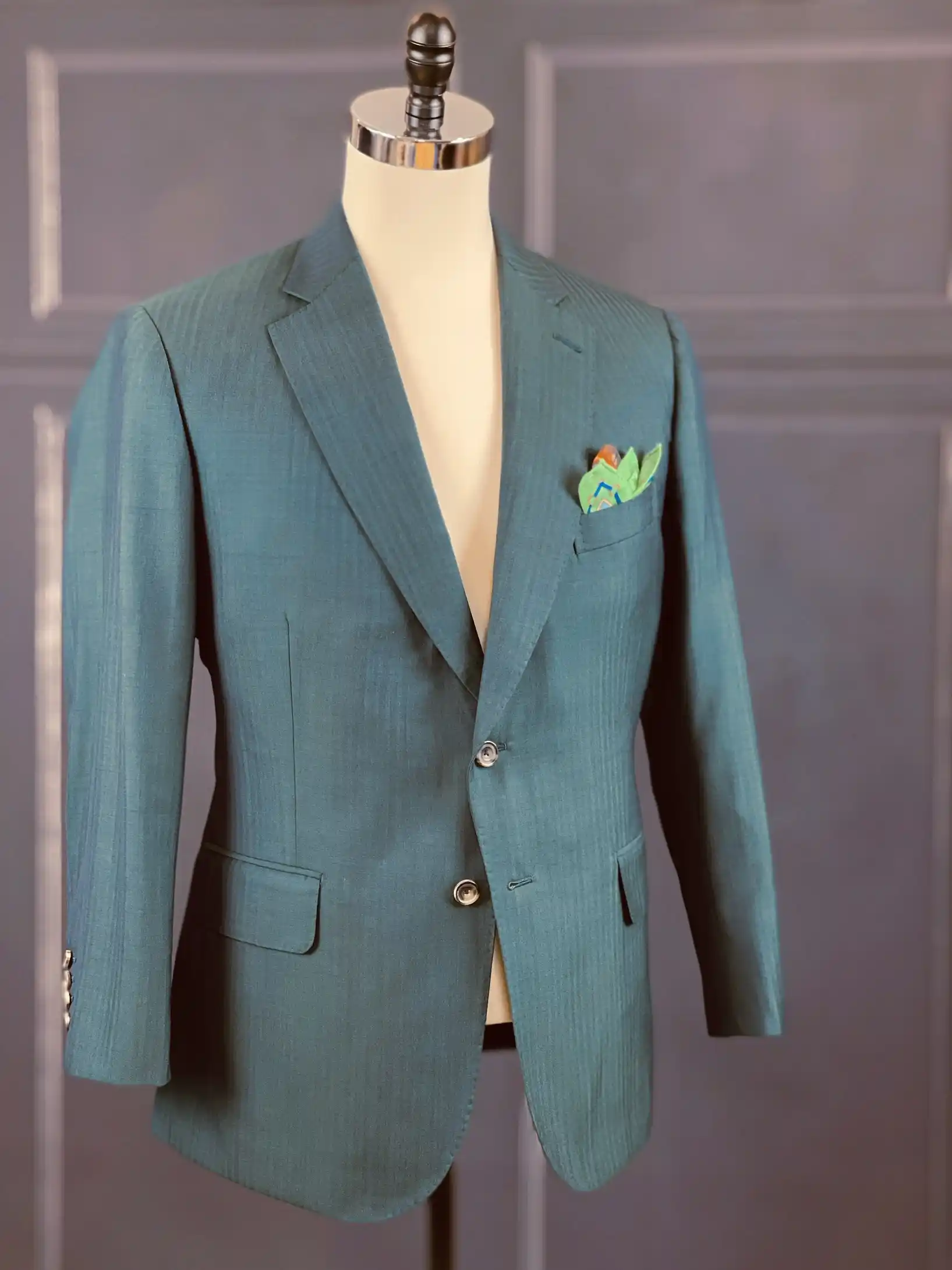 Teal custom sport coat on tailoring form, Florida Suit Guy Fort Myers
