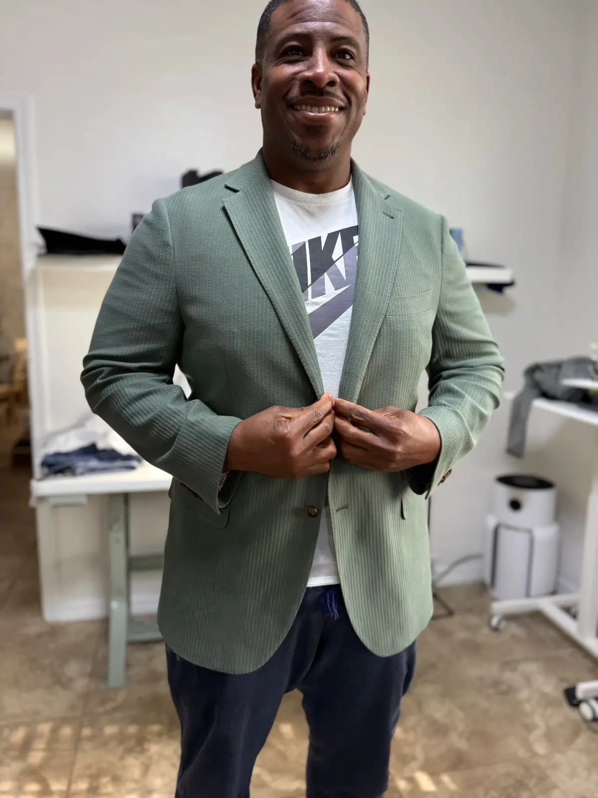 Sage green custom sport coat with decorative lapel stitching, made to measure Fort Myers FL