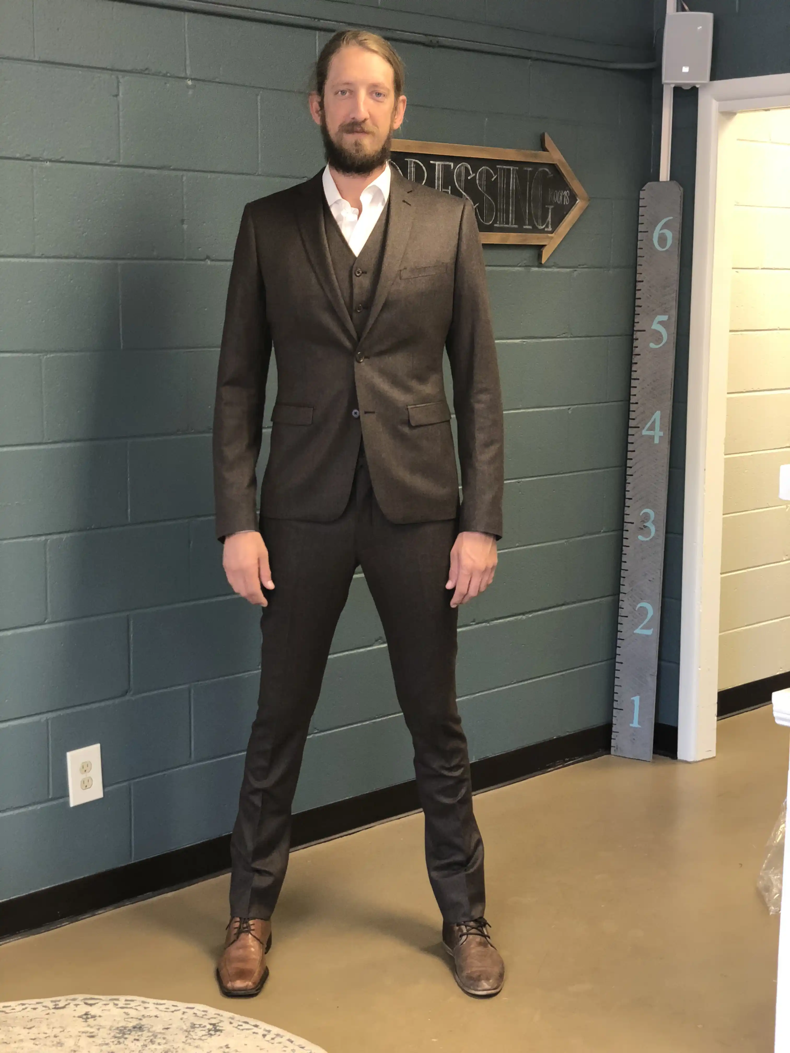 Custom bark brown three-piece suit by Florida Suit Guy, Fort Myers FL