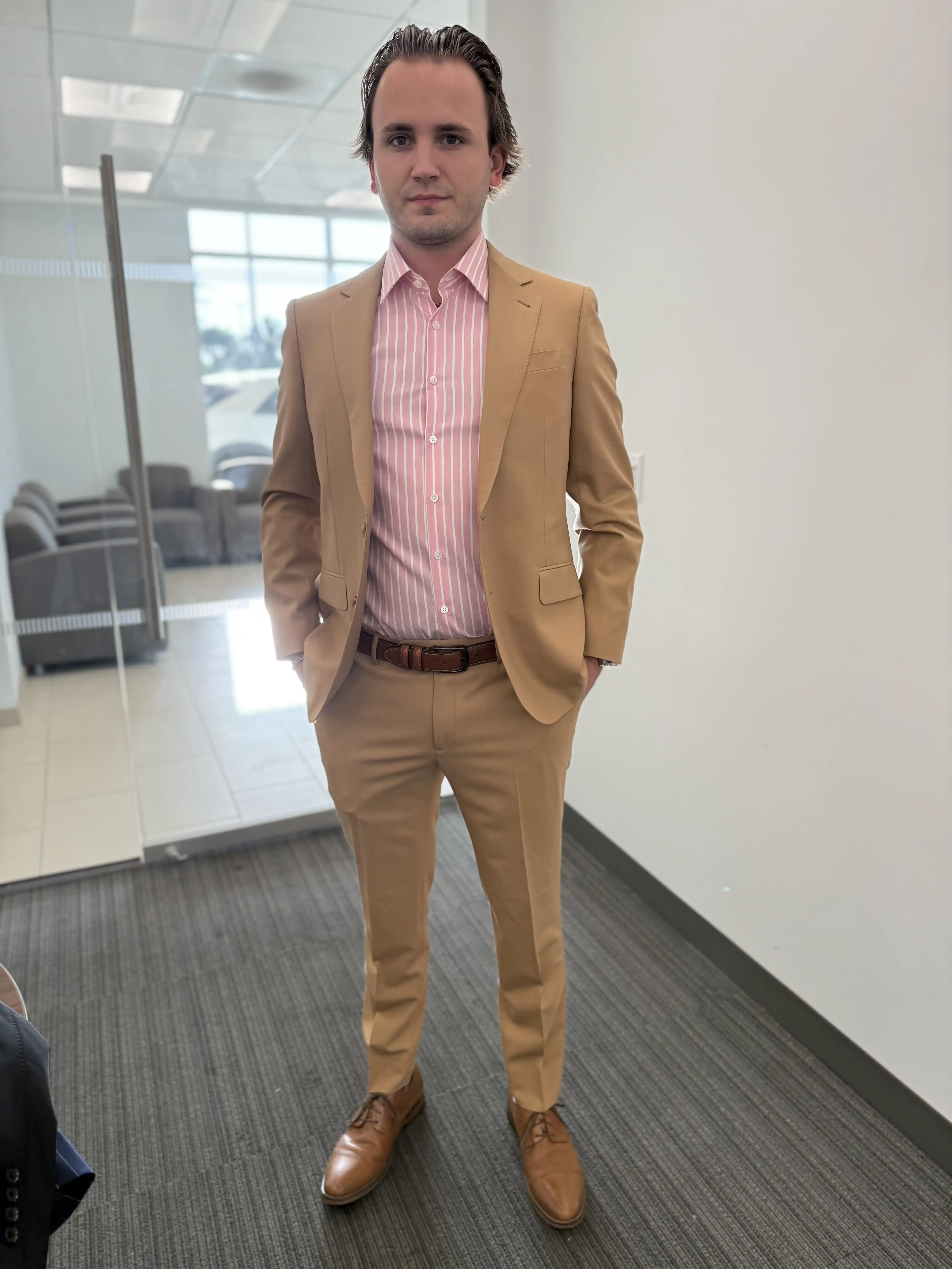 Custom marigold orange two-piece suit, custom tailoring Southwest Florida