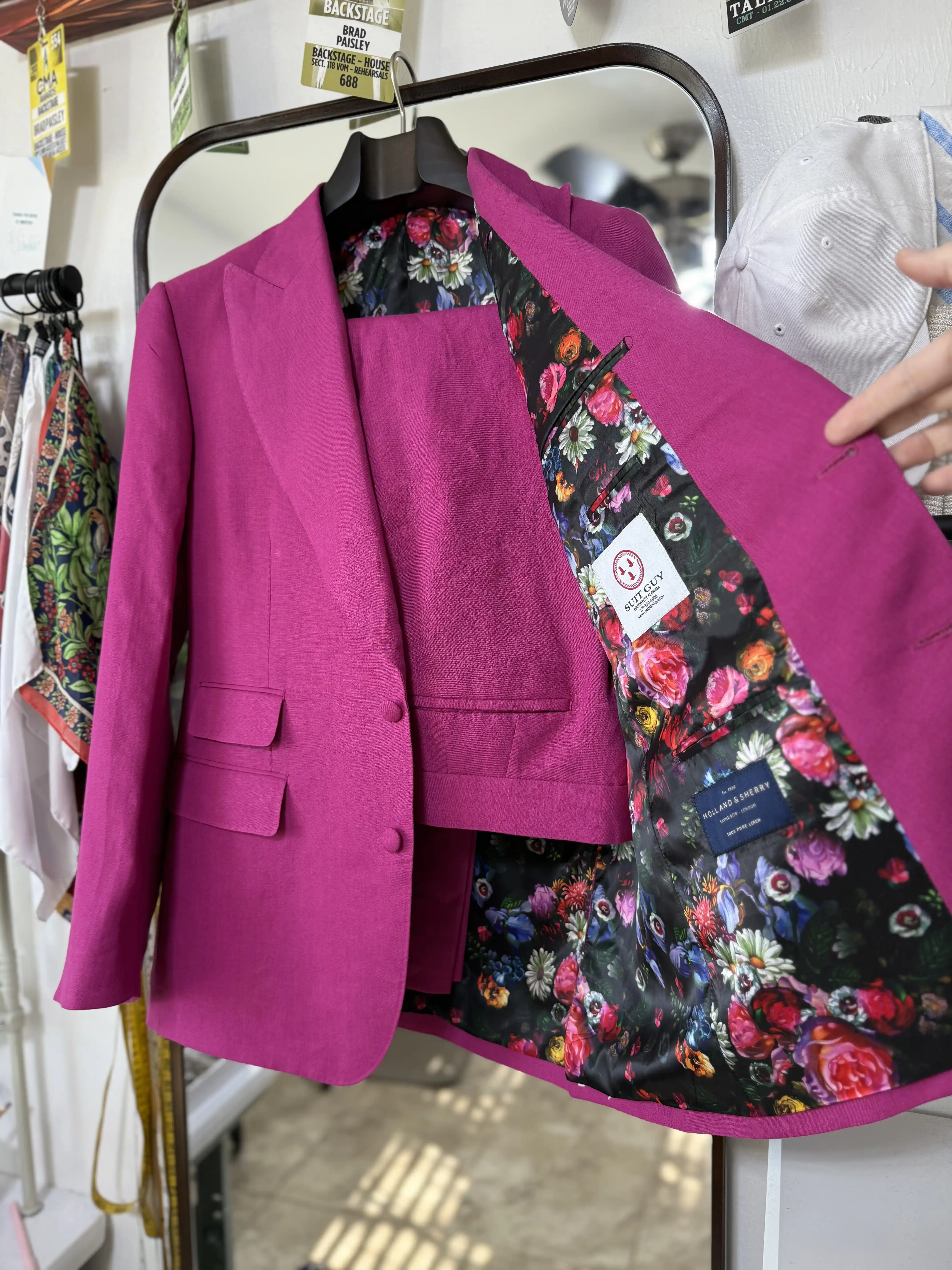 Custom pink floral suit commissioned by Florida Suit Guy, Fort Myers FL