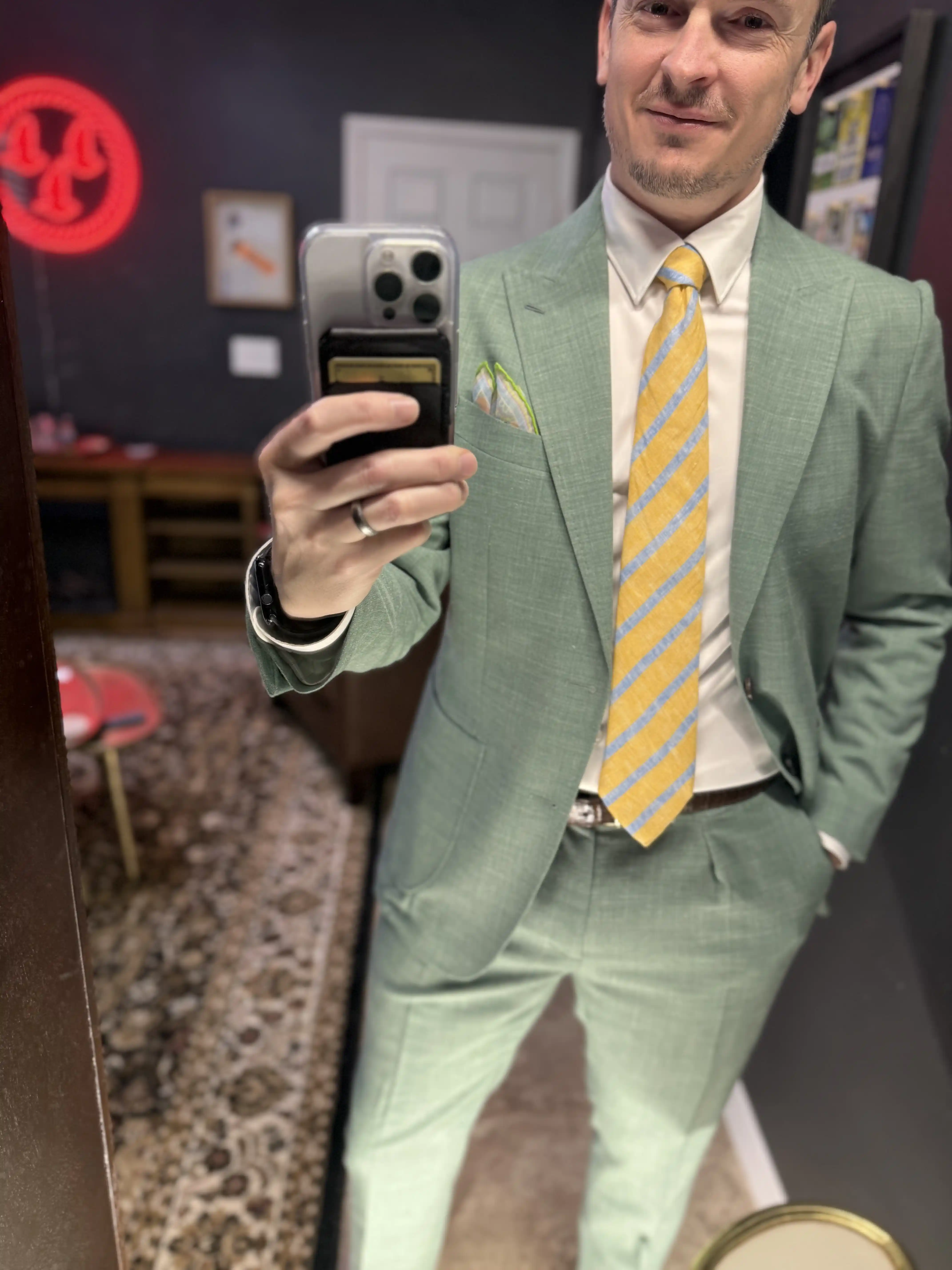 Custom sage green two-piece suit, custom tailoring Southwest Florida