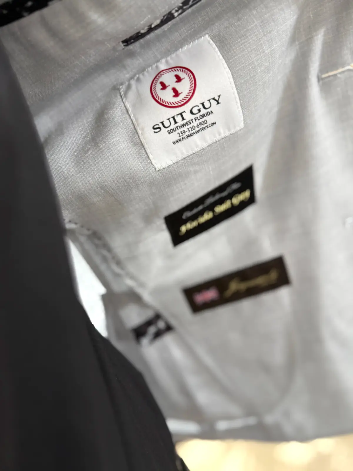 Silver satin lining inside a custom suit, Florida Suit Guy