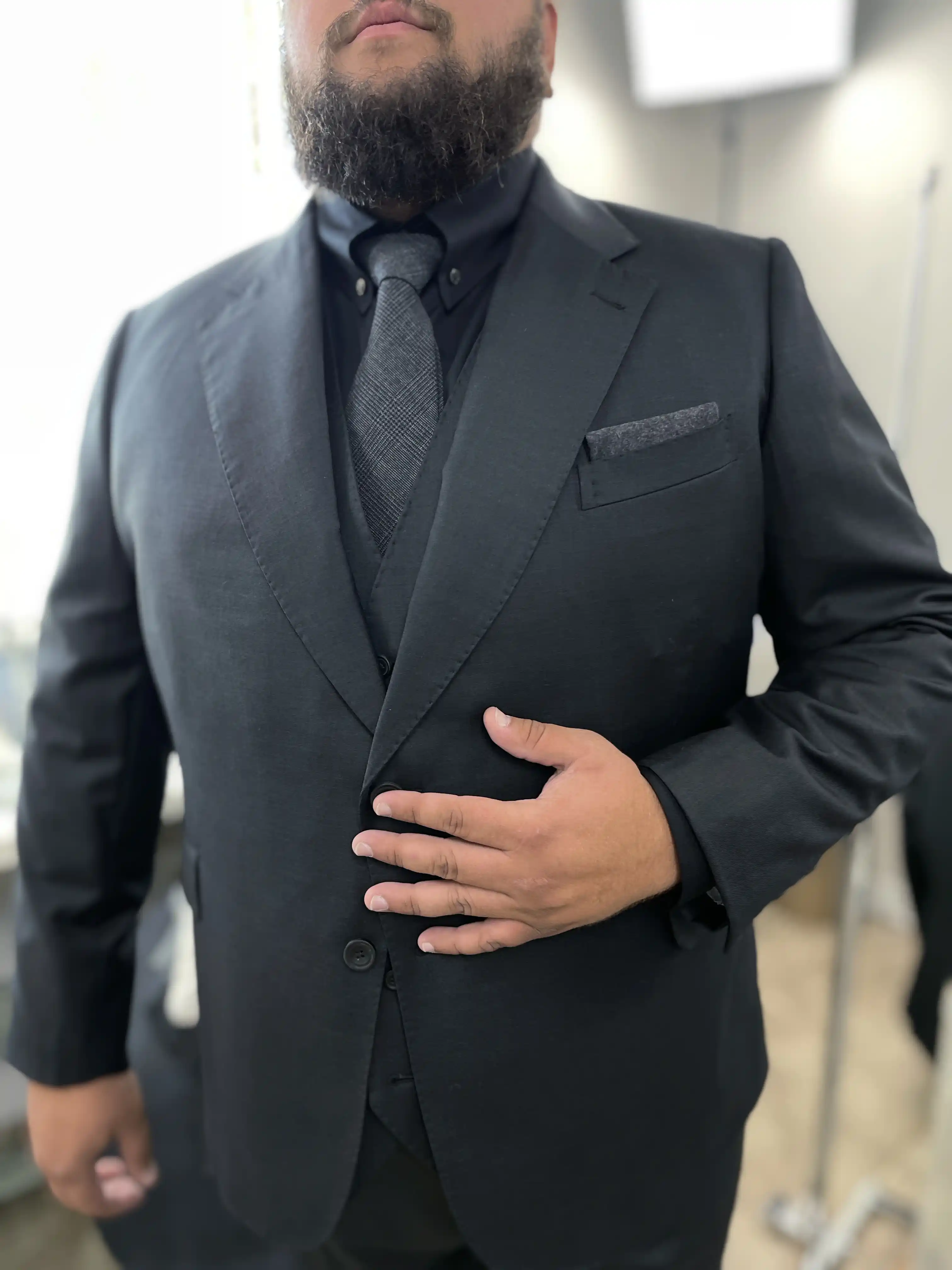 Custom black three-piece wedding suit by Florida Suit Guy, Fort Myers FL