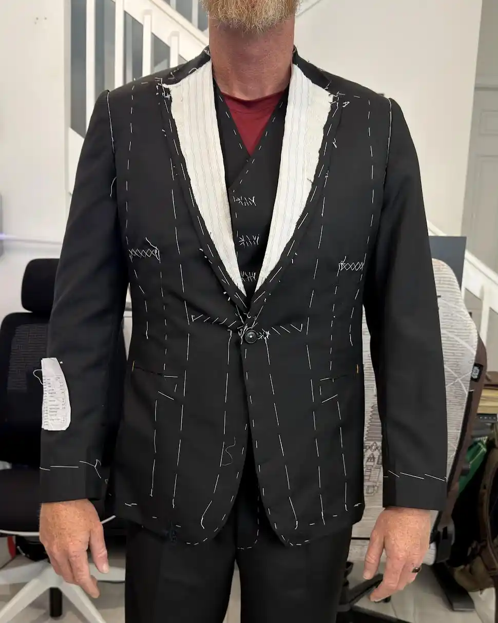 Scrap garment fitting in progress at Florida Suit Guy showroom, Southwest Florida