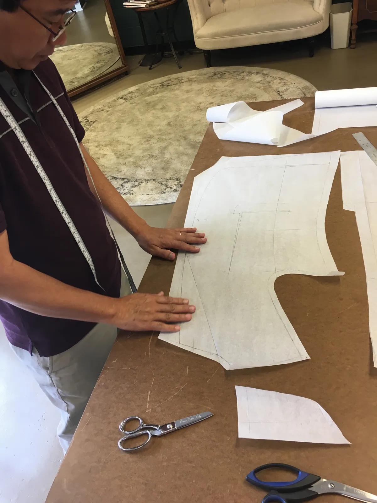 A pattern on paper laid out on a cutting table