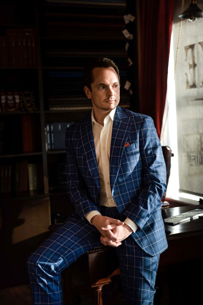 blue custom suit with white windowpane