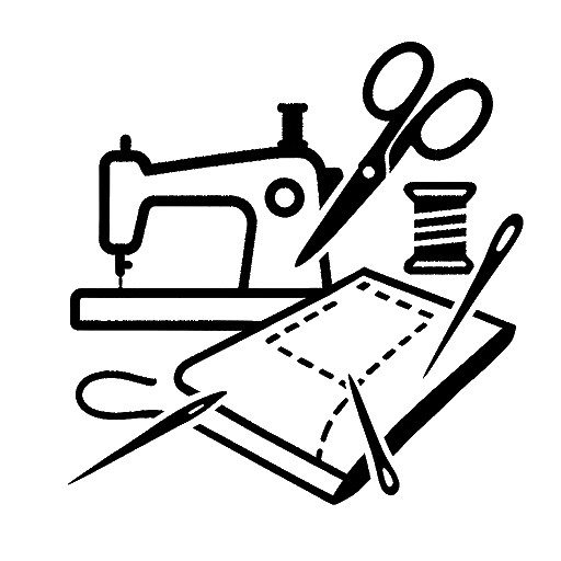 line drawing of a needle, thread, fabric and a sewing machine used for making custom suits